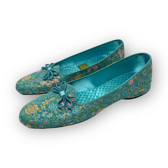 Vintage Daniel Green Teal Slippers Embroidered Bow USA Made Women’s 10 N (2A100) - Picture 1 of 12